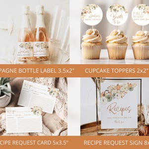 May include: Fall-themed bridal shower printable set with a watercolor floral design. Includes champagne bottle labels, cupcake toppers, recipe request cards, and a recipe request sign. The text on the labels reads "Amalia's Bridal Shower" and "Bride to be". The cupcake toppers say "Amalia's Bridal Shower", "Bride to be", and "Fall in Love". The recipe request card and sign say "Recipes".