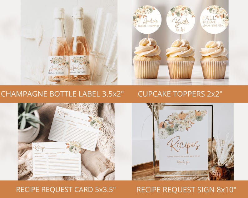May include: Fall-themed bridal shower printable set with a watercolor floral design. Includes champagne bottle labels, cupcake toppers, recipe request cards, and a recipe request sign. The text on the labels reads "Amalia's Bridal Shower" and "Bride to be". The cupcake toppers say "Amalia's Bridal Shower", "Bride to be", and "Fall in Love". The recipe request card and sign say "Recipes".