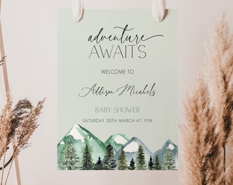 Adventure Awaits Baby Shower Welcome Sign, Adventure Baby Shower Decorations, Adventure Begins Baby Shower Decor, Mountain Baby Shower