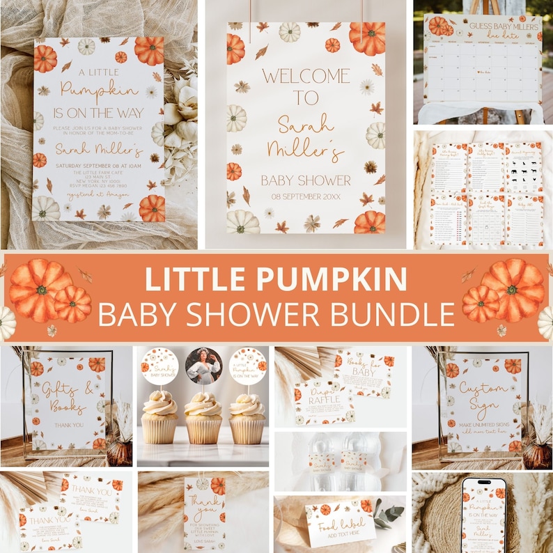 K&ouml;nnte beinhalten: Ein druckbares Babyparty-Paket mit Herbst-Thema. Das Paket beinhaltet ein Willkommens-Schild, Einladungen, Cupcake-Topper, ein Lebensmitteletikett, ein individuelles Schild, ein Geschenke- und B&uuml;cher-Schild, ein Babyparty-Spiel und ein Los. Das Design zeigt orangefarbene K&uuml;rbisse, wei&szlig;e Blumen und braune Bl&auml;tter.