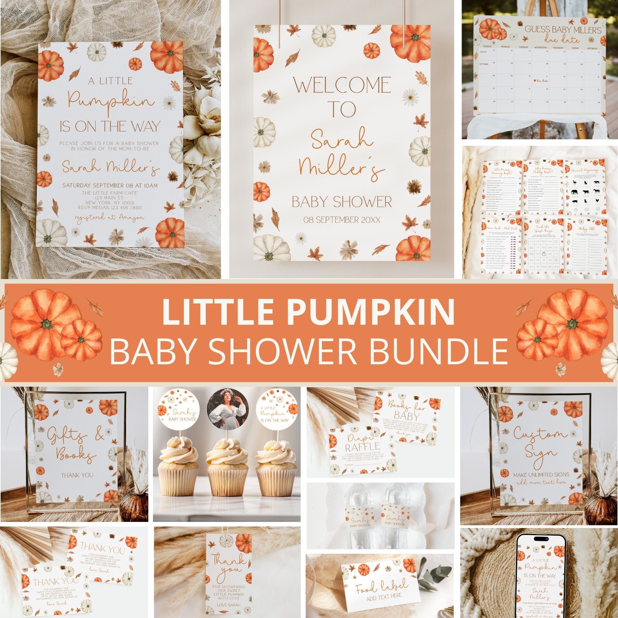 Little Pumpkin Baby Shower Bundle, Fall Pumpkin Baby Shower Invitation, Autumn Baby shower, Pumpkin Baby Shower Decorations, Games, Template
