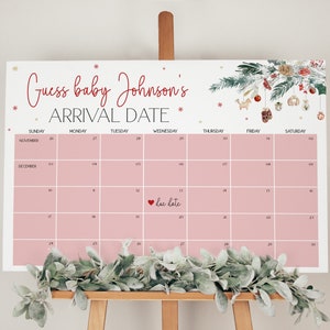 Merry Little Baby Guess Baby Arrival Date Calendar Sign, Christmas Guess Baby&#39;s Due Date Calendar, Winter Baby Shower Decor, Template