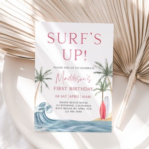 Pink Surf&#39;s Up Birthday Invitation, Summer Birthday Invite, Surf Birthday Invitation, Beach Birthday, It&#39;s the Big One Birthday, Template