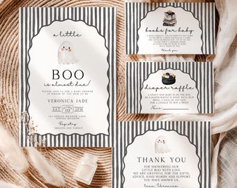 Little Boo Shower Invitation Suite, Stripe Background, Halloween Baby Shower Invite, Books for Baby, Thank you, Canva Template