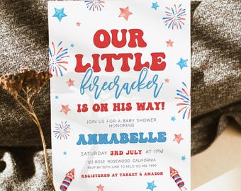 Invitación para baby shower con petardos, baby shower del 4 de julio, rojo, blanco y azul, baby shower patriótico, baby shower estadounidense