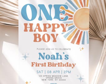 One Happy Boy 1st Birthday Invitation, One Happy Boy Birthday Invite, Happy Boy Birthday Invitation, Sun  1st Birthday Invite, Canva