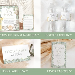 May include: Printable set of jungle-themed party decorations, including a time capsule sign, note, bottle labels, food labels, and a thank you tag. The decorations feature a green and brown color scheme with animal illustrations.