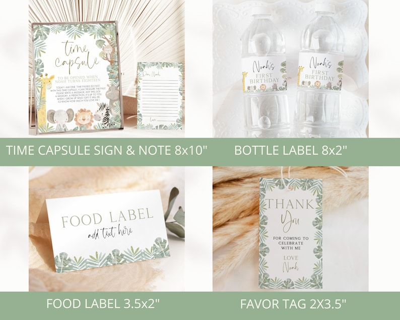 May include: Printable set of jungle-themed party decorations, including a time capsule sign, note, bottle labels, food labels, and a thank you tag. The decorations feature a green and brown color scheme with animal illustrations.