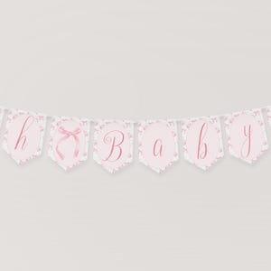 Pink Bow Baby Shower Banner, Pink Bow Baby Shower Decor, Floral Pink Bow Bunting, Oh Baby Garland, Girl Baby Shower Decor, Pink, Template