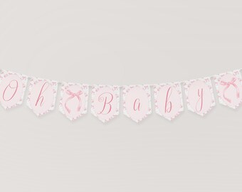 Pink Bow Baby Shower Banner, Pink Bow Baby Shower Decor, Floral Pink Bow Bunting, Oh Baby Garland, Girl Baby Shower Decor, Pink, Template