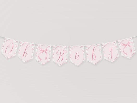Pink Bow Baby Shower Banner, Pink Bow Baby Shower Decor, Floral Pink Bow Bunting, Oh Baby Garland, Girl Baby Shower Decor, Pink, Template