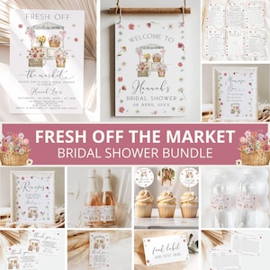 May include: A printable bridal shower bundle with a floral theme. The bundle includes a welcome sign, invitation, food labels, cupcake toppers, water bottle labels, and more. The design features a watercolor illustration of a flower cart with flowers and baskets.
