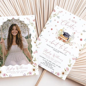 Comienza un nuevo capítulo: Invitación a fiesta de graduación, anuncio, libro de cuentos, jardín, plantilla de Canva