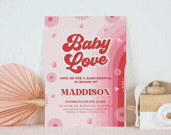 May include: Pink and red baby shower invitation with the text "Baby Love" in a retro font. The invitation includes details for the event, including the date, time, location, and RSVP information.