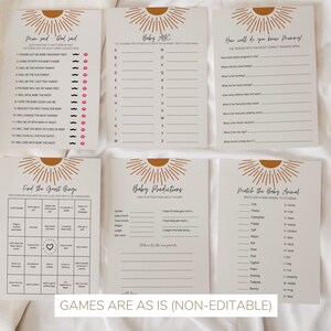 May include: A set of ten printable baby shower games with a boho sunburst design. The games include "Mom said, Dad said", "Baby ABC", "How well do you know Mommy", "Find the Guest Bingo", "Baby Predictions", and "Match the Baby Animal".