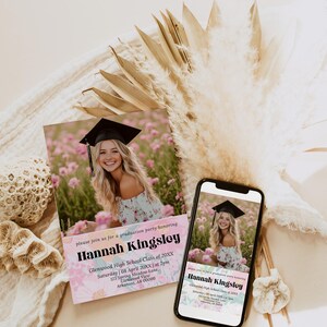 May include: Graduation party invitation featuring a photo of a smiling graduate in a cap and gown, set against a floral background. The invitation includes the graduate's name, school, date, time, and location. A smartphone displays the same invitation.