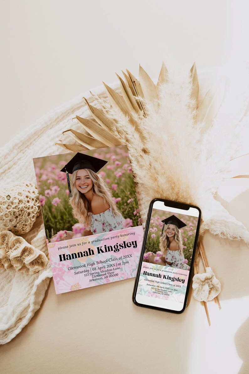 May include: Graduation party invitation featuring a photo of a smiling graduate in a cap and gown, set against a floral background. The invitation includes the graduate's name, school, date, time, and location. A smartphone displays the same invitation.