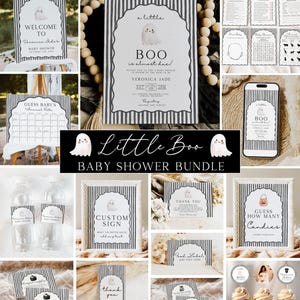 Puede incluir: Un paquete para baby shower con temática Little Boo, rayas verticales blancas y negras, ilustraciones de fantasmas y texto que incluye Welcome to Veronica Jade's Baby Shower, Boo is almost due, Guess Baby's Arrival Date y Guess How Many Candies.