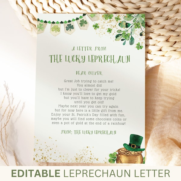 Editable Leprechaun Letter, Letter from Leprechaun, Leprechaun Trap Kit, St Patrick's Day Games,  St. Patrick's Day Leprechaun Letter