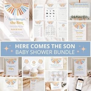 Ecco che arriva il figlio Baby Shower Bundle, Ecco che arriva il figlio Baby Shower Invito, Sunshine Baby Shower, Decorazione Sun Baby Shower, Blu, Modello