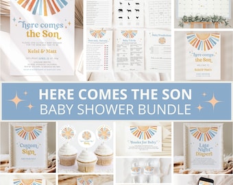 Here Comes the Son Baby Shower Bundle, Here Comes the Son Baby Shower Invitation, Sunshine Baby shower, Sun Baby Shower Decor, Blue,Template