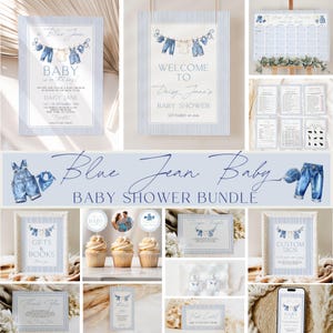 Babyshower-paket med blå jeans, randig babyshower med blå jeans, babyshowerdekoration med blå jeans, välkomstskylt, spel, Canva-mallar