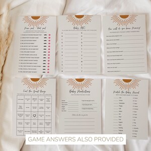 May include: A set of printable baby shower games with a sunburst design. The games include "Mom said, Dad said", "Baby ABC", "How well do you know mommy", "Find the Guest Bingo", "Baby Predictions", and "Match the Baby Animal".