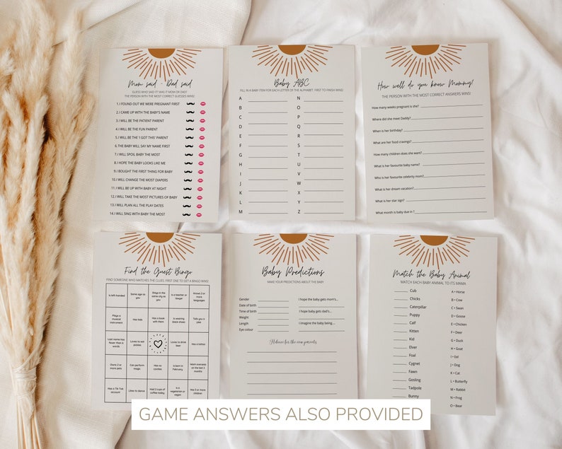 May include: A set of printable baby shower games with a sunburst design. The games include "Mom said, Dad said", "Baby ABC", "How well do you know mommy", "Find the Guest Bingo", "Baby Predictions", and "Match the Baby Animal".