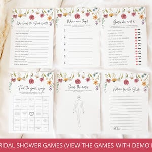 May include: A set of 16 printable bridal shower games with floral borders. The games include "Who Knows the Bride Best?", "Where Were They?", "Guess Who Said It", "Find the Guest Bingo", "Guess the Dress", and "Advice for the Bride".