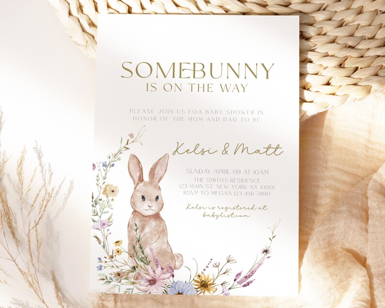 Inbjudan till påskbabyshower, inbjudan till kaninbabyshower, påskbabyshowerinbjudan, kaninbabyshower, redigerbar mall bild 1
