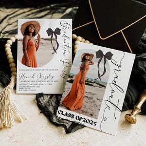 Black Bow Graduation Party Invitation, Graduation Invitation, Graduation Announcement, Graduation invitation, Photo, Canva Template