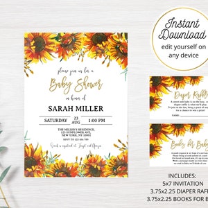 Vintage Sunflower Baby Shower Invitation, Sunflower Baby Shower Invitation Set, Editable Template