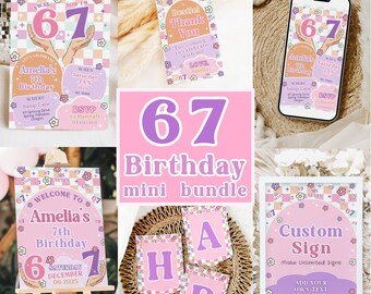 女の子向け6～7歳誕生日招待状セット、6～7歳誕生日招待状、6～7歳誕生日デコレーション、レトロテーマ、5x7インチCanvaテンプレート、ピンクとパープル
