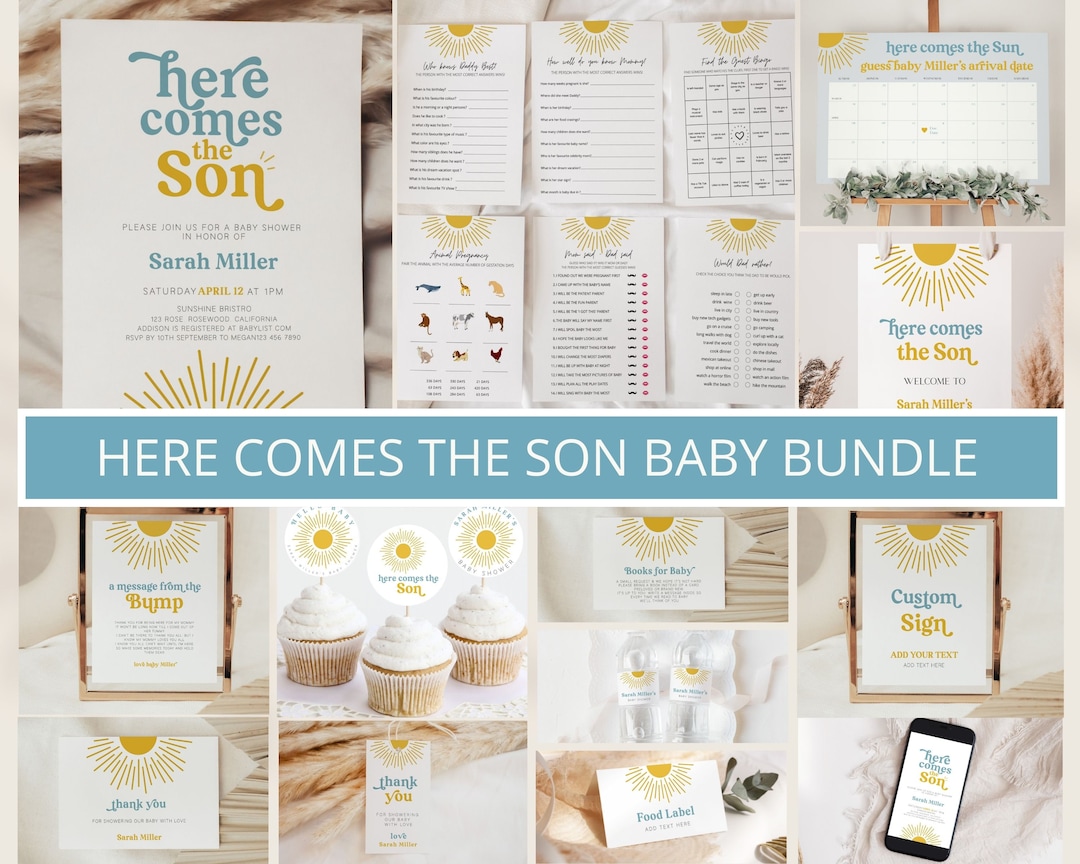 Editable Here Comes the Son Baby Shower Bundle, Here Comes the Son Baby