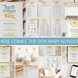 Bearbeitbar Hier kommt der Sohn-Babyparty-Paket, hier kommt der Sohn-Babyparty-Einladung, Sonnenschein-Babyparty, Sonne-Babyparty-Dekor, blau