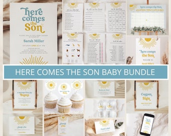 Editable Here Comes the Son Baby Shower Bundle, Here Comes the Son Baby Shower Invitation, Sunshine Baby shower, Sun Baby Shower Decor, Blue