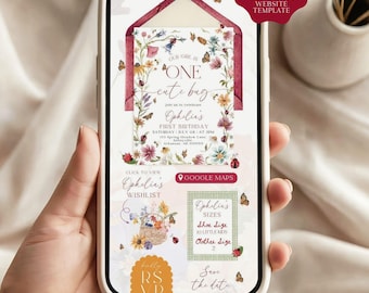 One Cute Bug Birthday Invitation Website, Girl Birthday, Canva Invitation Website Template (Digital Download)