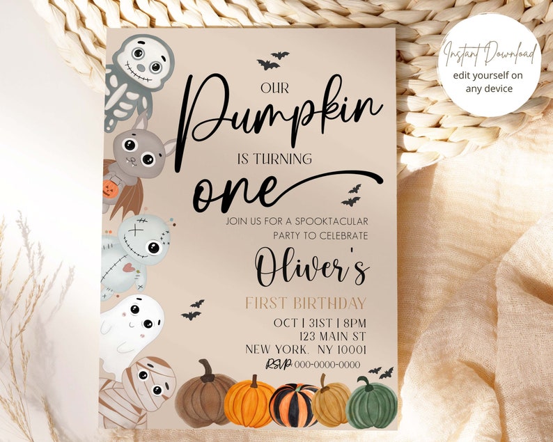 Pumpkin Patch Halloween 1st Birthday Invitation, First Birthday Invite, Neutral Halloween Birthday, Boy Halloween Invitation, Editable image 2