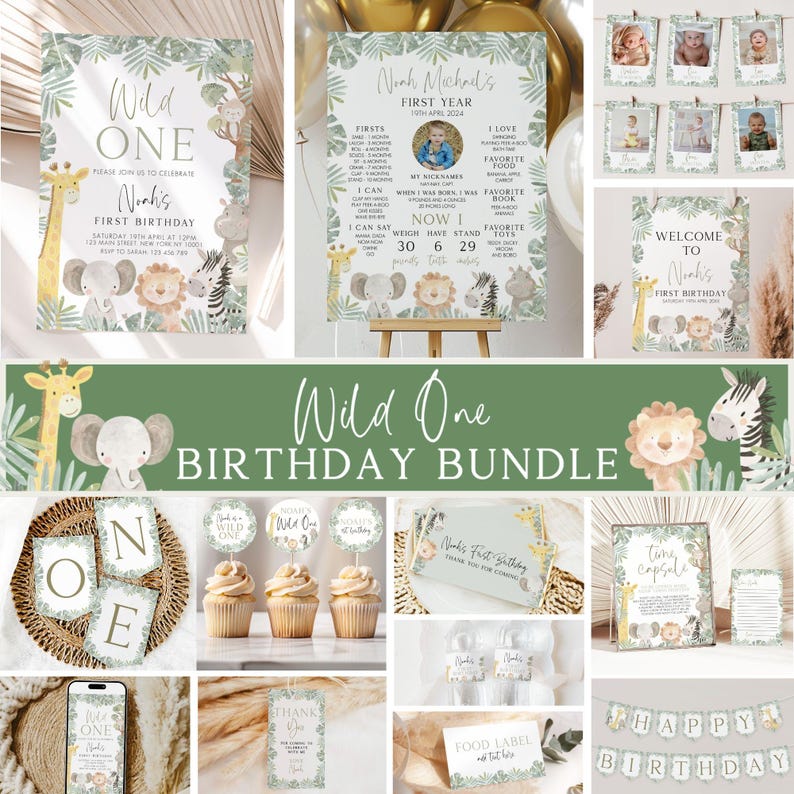 May include: Wild One birthday party printable bundle with jungle animal illustrations. Includes invitations, welcome sign, food labels, cupcake toppers, banner, and more. Green, brown, and gold colors.