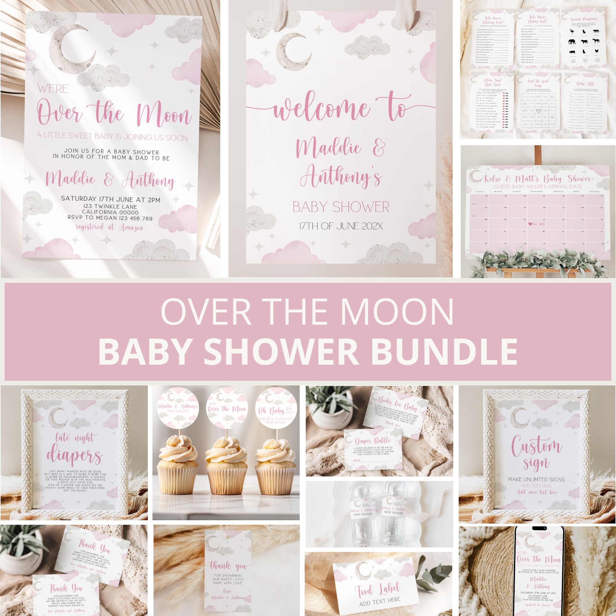 Pink Over the Moon Baby Shower Bundle Over the Moon Baby Shower Invitation Moon Baby shower Moon Baby Shower Decor Pink Girl