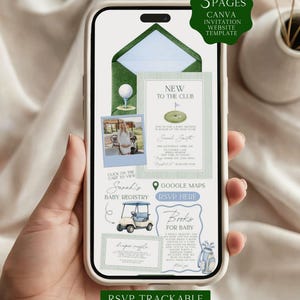 Peut inclure: Un modèle d'invitation numérique pour une fête prénatale affiché sur l'écran d'un smartphone. Le design présente des graphismes sur le thème du golf, notamment une balle de golf, une voiturette et un sac de golf. Texte incluant New to the Club.