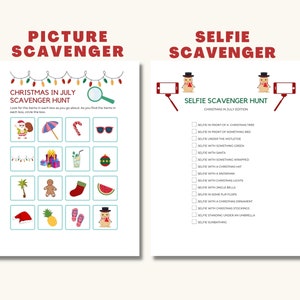 Op de afbeelding: Een printbaar kerst in juli-speurtocht spel met twee pagina's. De eerste pagina heeft een foto-speurtocht met 16 afbeeldingen van kerstversiering. De tweede pagina heeft een selfie-speurtocht met een lijst van 14 kerstthema selfie-opdrachten.