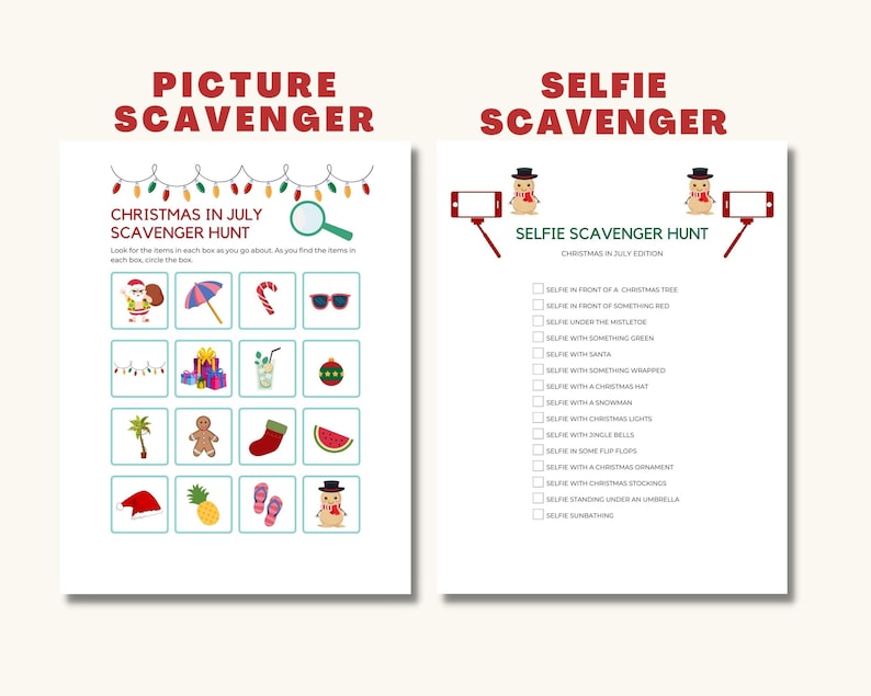 Op de afbeelding: Een printbaar kerst in juli-speurtocht spel met twee pagina's. De eerste pagina heeft een foto-speurtocht met 16 afbeeldingen van kerstversiering. De tweede pagina heeft een selfie-speurtocht met een lijst van 14 kerstthema selfie-opdrachten.