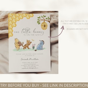 May include: A Winnie the Pooh themed baby shower invitation featuring a honeycomb pattern and a beehive. The text reads "our little hunny is on the way". The invitation includes the name Sarah Miller and details for the baby shower.