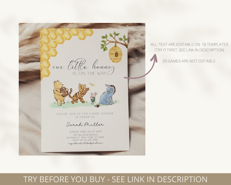 May include: A Winnie the Pooh themed baby shower invitation featuring a honeycomb pattern and a beehive. The text reads "our little hunny is on the way". The invitation includes the name Sarah Miller and details for the baby shower.