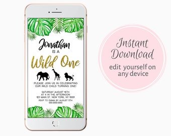Wild One 1st birthday digital invitation, evite, editable invitation