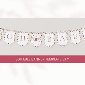 May include: A decorative banner template featuring eight white pennant flags strung together. The flags display the text OH BABY in large pink letters, interspersed with floral illustrations and small clothing items. Text reads EDITABLE BANNER TEMPLATE 5x7".