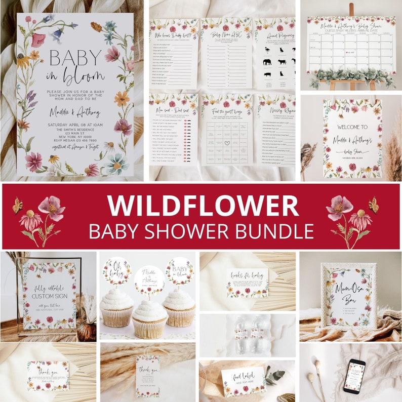 Op de afbeelding: Een printbare babyshowerbundel met een wilde bloemen thema. De bundel bevat uitnodigingen, spelletjes, decoraties en borden. De kleuren zijn roze, geel, groen en bruin.