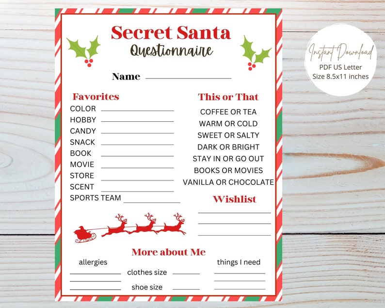Printable Secret Santa Questionnaire Christmas Gift Etsy
