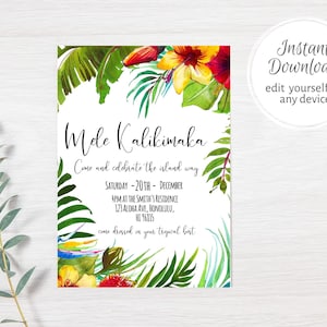 May include: A printable invitation with a tropical theme. The invitation features a watercolor illustration of tropical leaves and flowers. The text on the invitation reads "Mele Kalikimaka" and "Come and celebrate the island way".